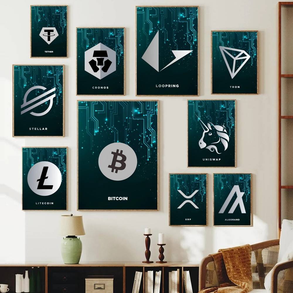 Office Tech Decor - 테크 회로 암호화폐 심볼 포스터 디지털