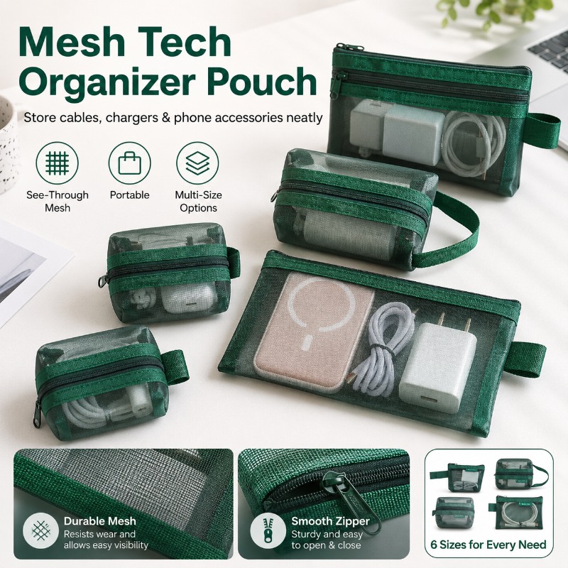 Office Tech Backpack - 6PCS 메쉬 테크 오거나이저 파우치, 충전기,