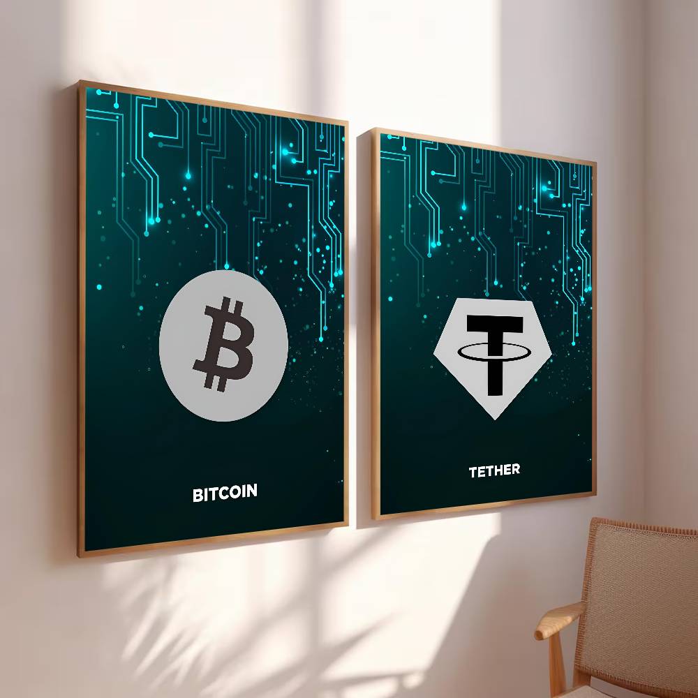 테크 회로 암호화폐 심볼 포스터 디지털 코인 로고 기하 - Office Tech Decor 리뷰 및 가격