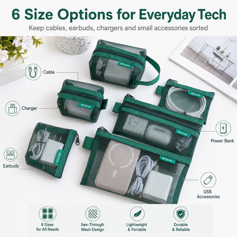 6PCS 메쉬 테크 오거나이저 파우치, 충전기, 이어버 - Office Tech Backpack 리뷰 및 가격