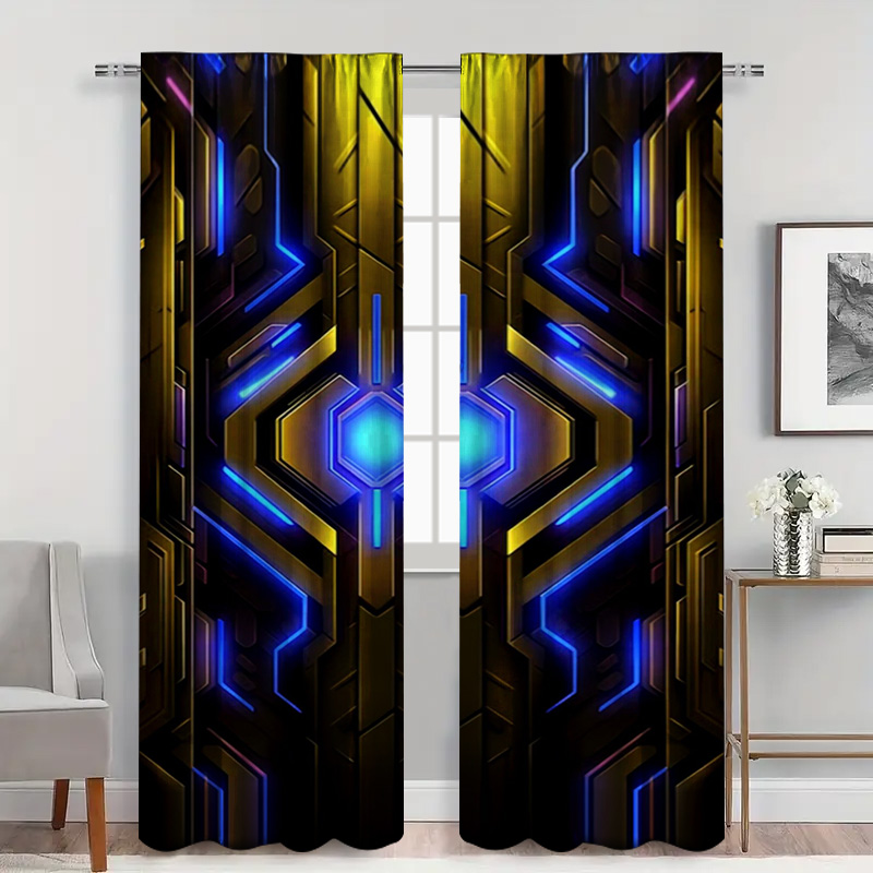 로드 포켓이 있는 기하학적 테크 커튼 2개, 파란색 및 - Office Tech Decor 리뷰 및 가격